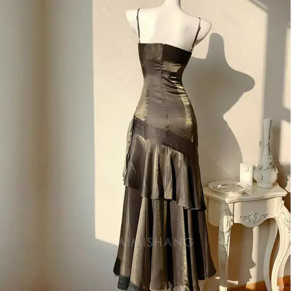 Aimishang Elegant Dark Chrome Ruffled Tiered Maxi Dress Long Prom Dress Charming Evening Party Dress Women's Dresses