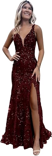 Women's Sparkly Sequin Mermaid Prom Dresses for Teens V Neck Long Formal Evening Party Dresses with Slit Wholesale