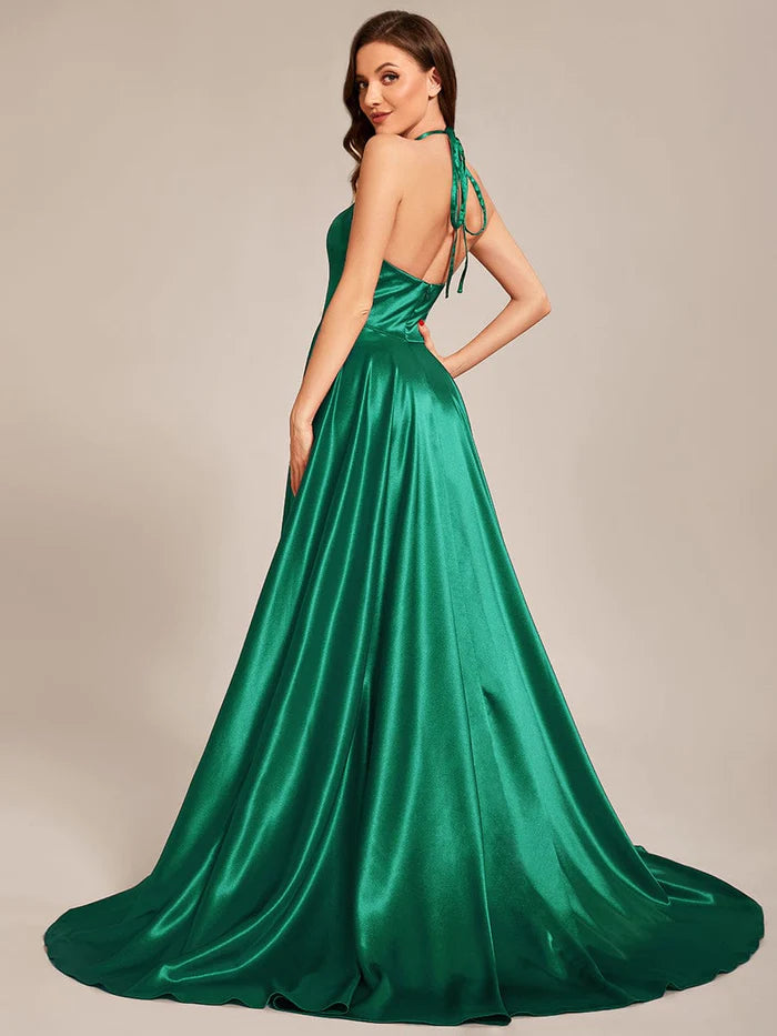 Aimishang Custom Size Halter Neck Long High Slit Satin Prom Dress