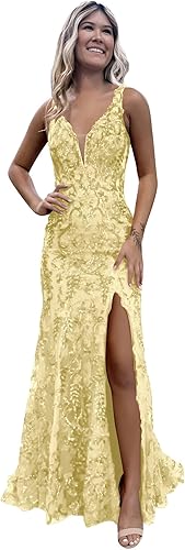 Women's Sparkly Sequin Mermaid Prom Dresses for Teens V Neck Long Formal Evening Party Dresses with Slit Wholesale