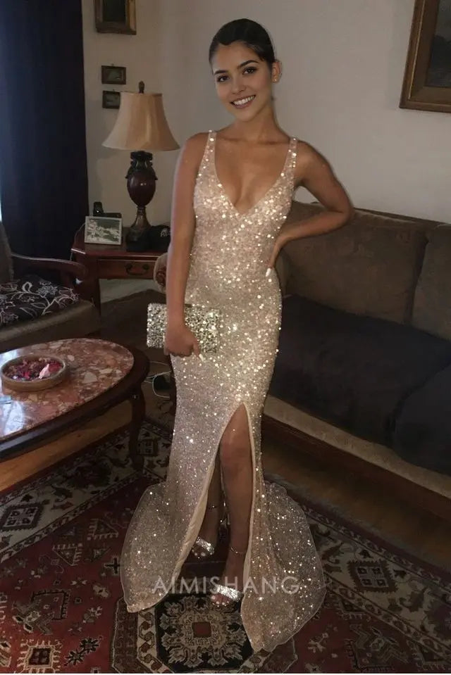 Aimishang Charming V-neck Sleeveless Sequin Long Prom Dress Sexy Evening Party Dress With Slit