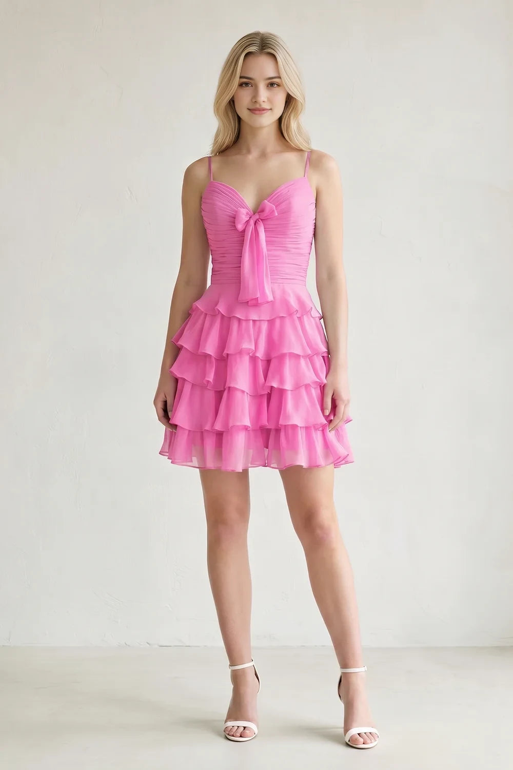 Aimishang Charming A-Line Sweetheart Sleeveless Ruffled Tiered Chiffon Short Homecoming Dress with Bow Detail
