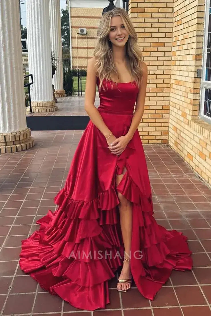 Aimishang Charming A Line Ruffle Tiered Sleeveless Long Formal Prom Dress Elegant Evening Party Dress With Slit