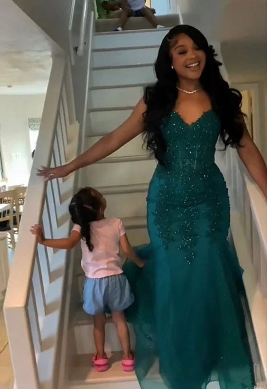 Aimishang Charming Formal Women's Dresses Mermaid Tulle Long Prom Dress with Appliques Evening Gown