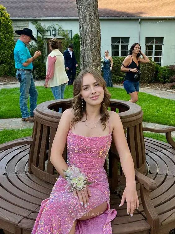 Aimishang Charming Sheath Spaghetti Straps Sleeveless Sequin Long Prom Dress Sparkly Evening Party Dress With Slit