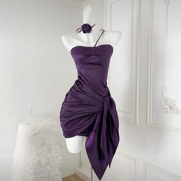 Aimishang Chic Sheath One Shoulder Purple Satin Pleated Homecoming Dress Short Graduation Dress Lovely Birthday Party Dress No With Neck accessories