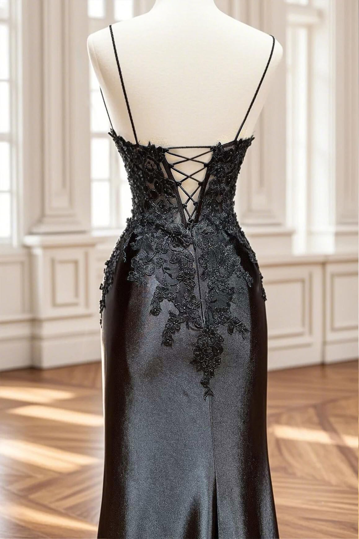 Aimishang Classy V-neck Spaghetti Straps Satin Lace Long Prom Dress Charming Evening Party Dress Elegant Women's Dresses With Slit