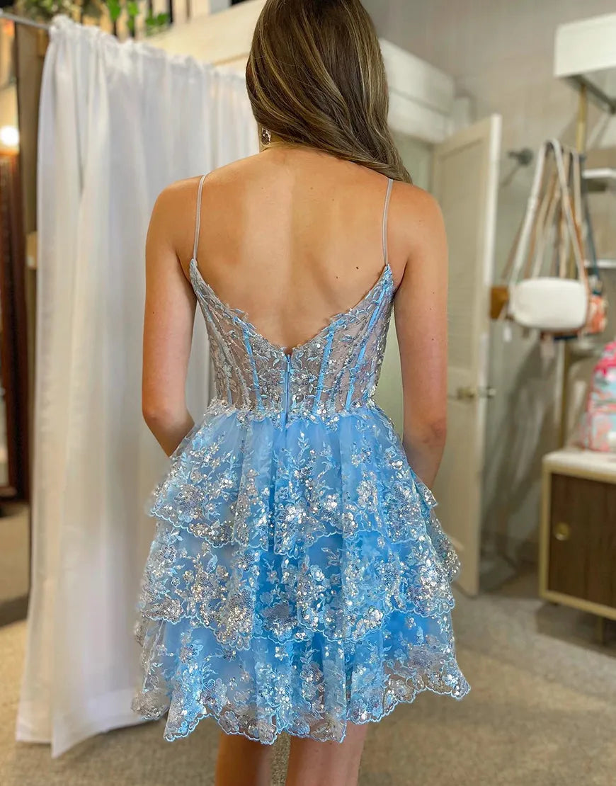 Aimishang Homecoming Dress Spaghetti Straps 3 Layers With Appliques