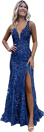 Women's Sparkly Sequin Mermaid Prom Dresses for Teens V Neck Long Formal Evening Party Dresses with Slit Wholesale