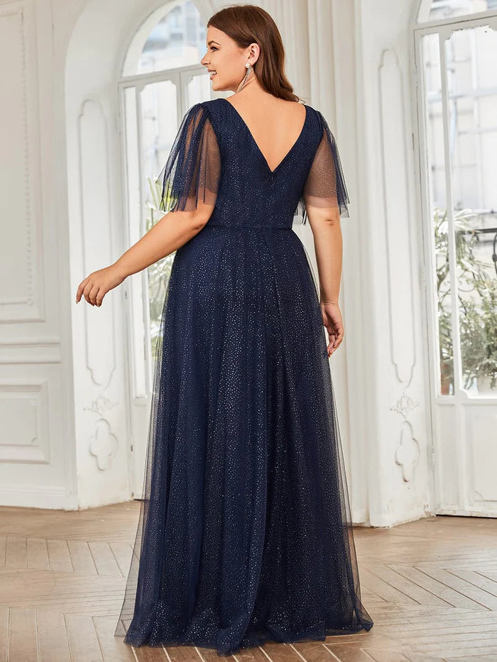 Aimishang Romantic Plus Size Tulle Evening Dress with Deep V Neck