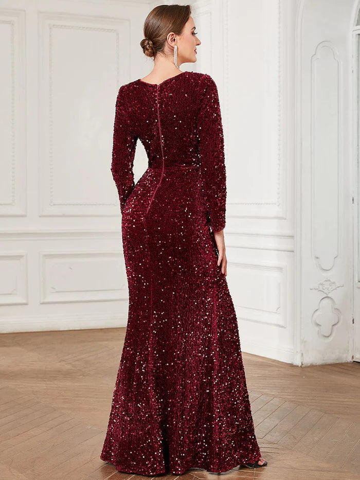 Aimishang Sweetheart Long Sleeve Sequin Front Slit Bodycon Evening Dress