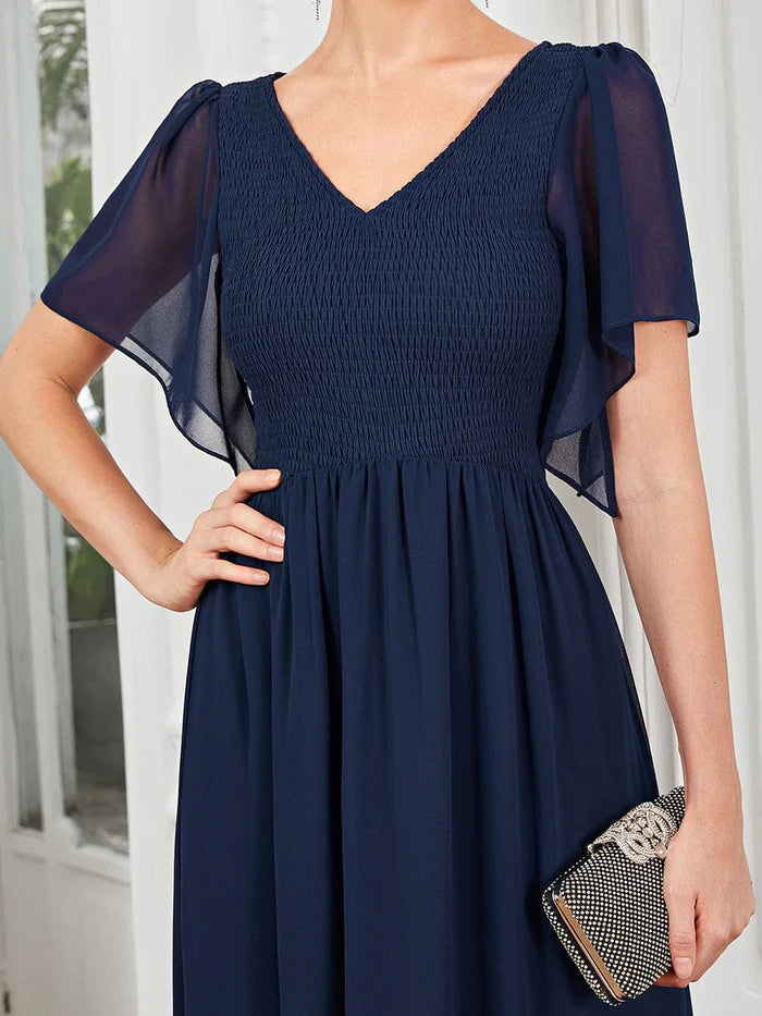 Aimishang Short Sleeve V-Neck Shirred A-Line Evening Dress
