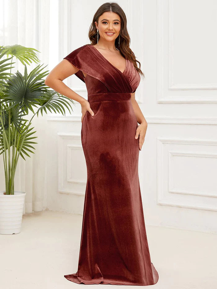 Aimishang Elegant Sequin Spaghetti Strap A-Line Evening Dress Plus Size Velvet Pleated V-Neck Cap Sleeve Column Floor-Length Evening Dress