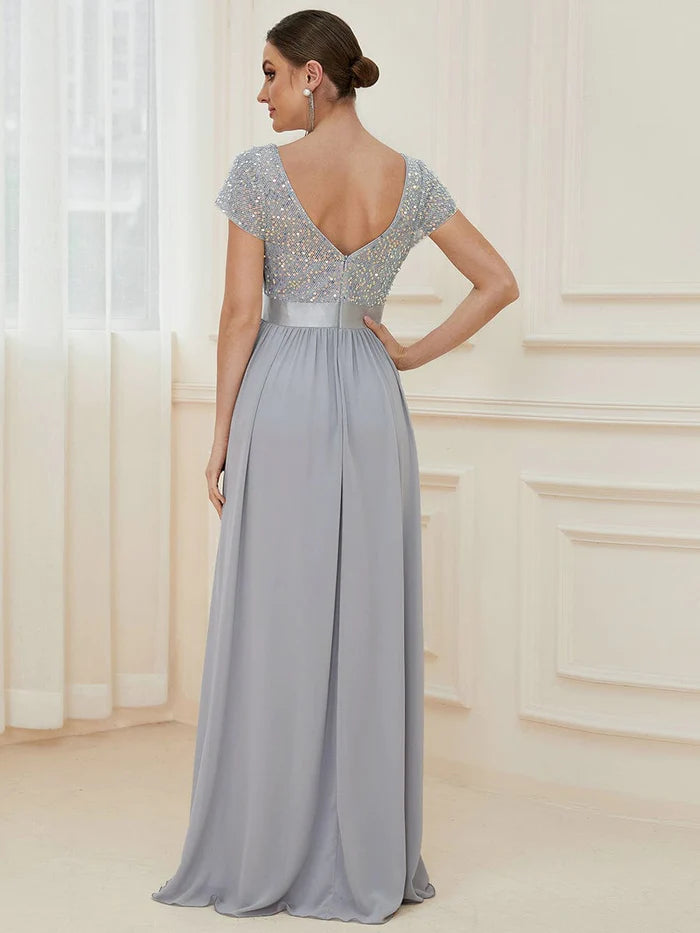 Aimishang V-Neck Cap Sleeve Sequin & Chiffon Empire Waist Evening Dress