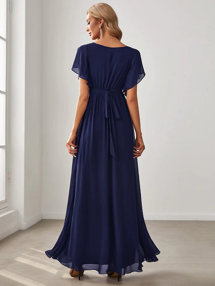 Aimishang A-Line Pleated Chiffon Tie-Waist Evening Dress