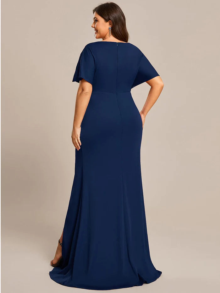 Aimishang Plus Size Sequin Sleeve High Split Evening Dress with Pleated