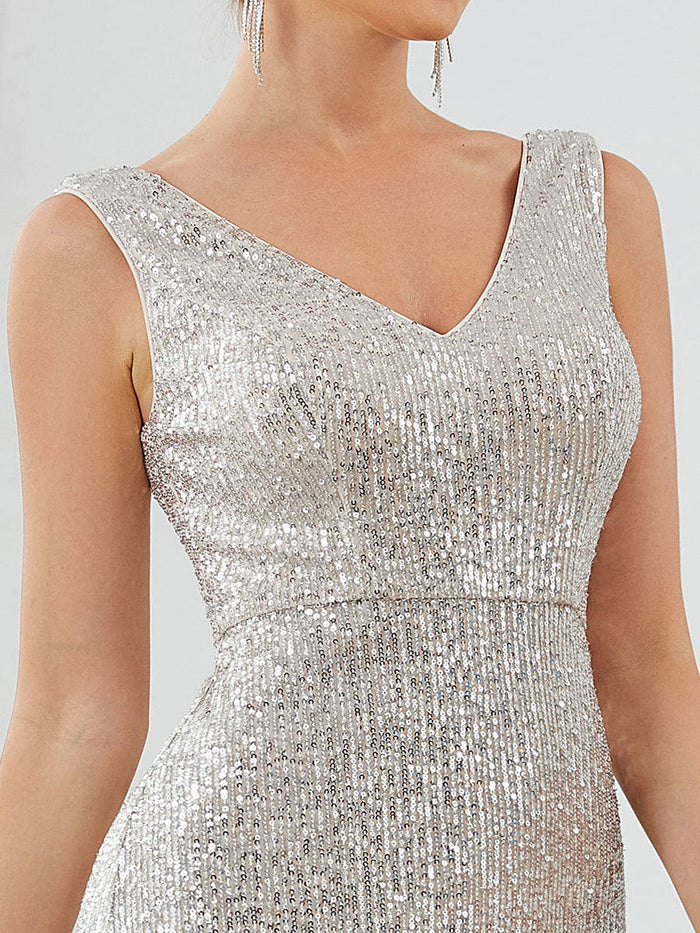 Aimishang Sleeveless Bodycon Asymmetrical Hem Sequin Evening Dress