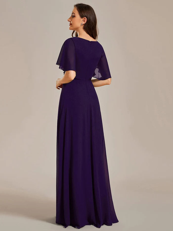 Aimishang Elegant Chiffon Applique Evening Dress with Flutter Sleeves