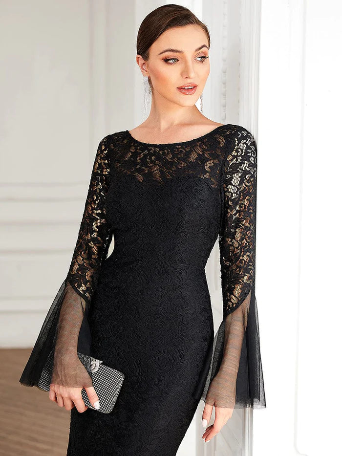 Aimishang Elegant Round Collar Tulle Bell Sleeve Lace Bodycon Evening Dress Chic Long Prom Dress