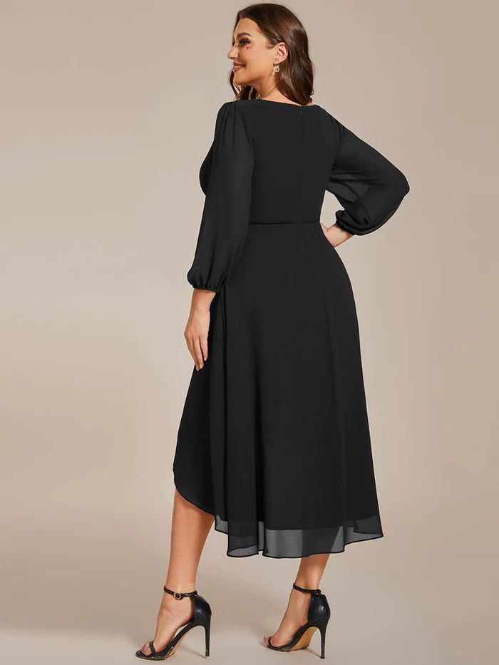 Aimishang Plus Size Long Sleeve V-Neck Chiffon High Low Wedding Guest Dress