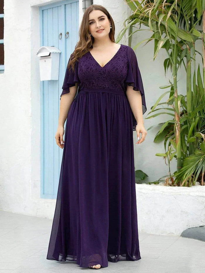 Aimishang Women's Floor Length Deep V Neck Plus Size Evening Dress wit