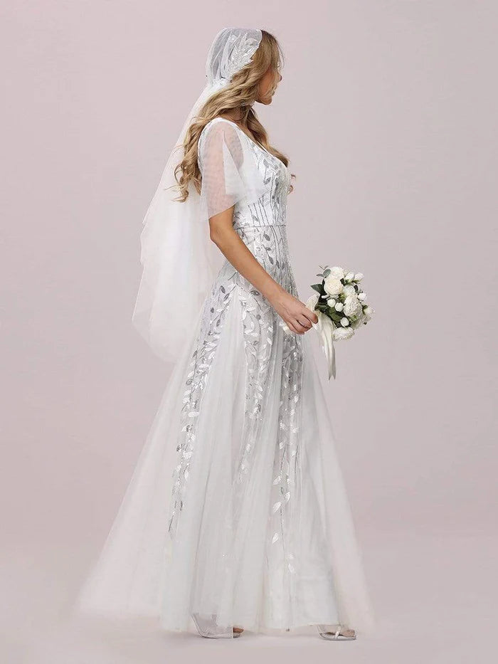 Aimishang Romantic Shimmery V Neck Ruffle Sleeves Maxi Long Evening Gowns