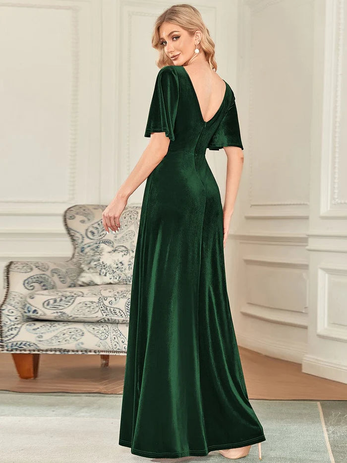 Aimishang Elegant V Neck Velvet Long Prom Dress with Sleeves Charming Evening Party Dress