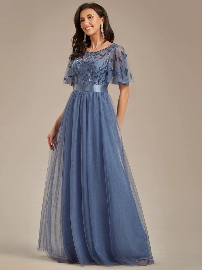 Aimishang Women's A-Line Short Sleeve Embroidery Floor Length Wedding Guest Dresses