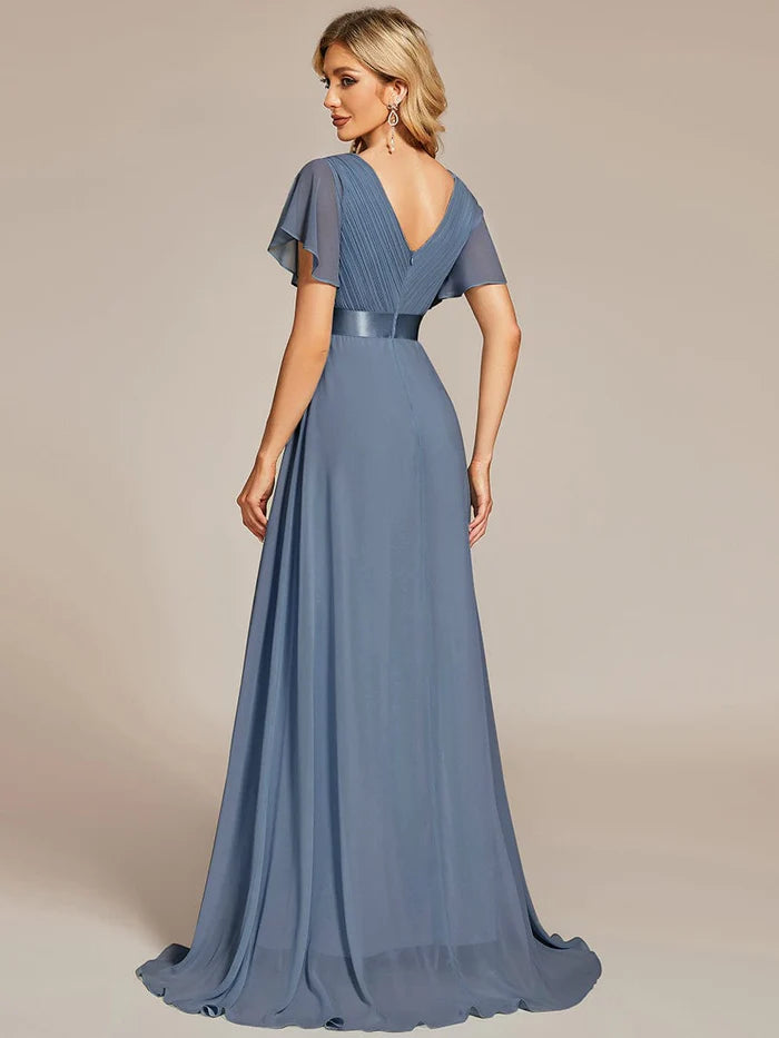Aimishang Long Empire Waist Bridesmaid Dress with Short Flutter Sleeves