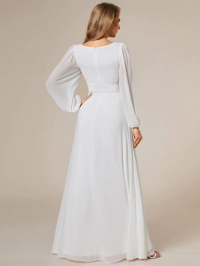 Aimishang Chiffon Long Sleeve Pleated Floor Length Bridesmaid Dress
