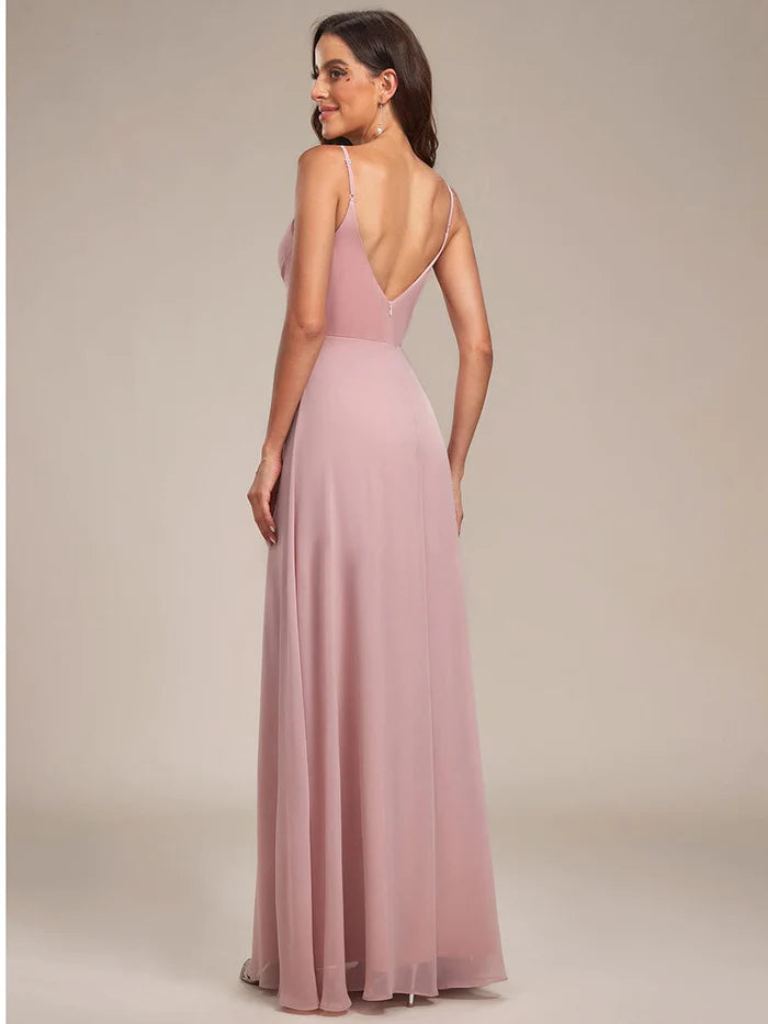 Aimishang Spaghetti Strap Pleated V-Neck High Slit Bridesmaid Dress