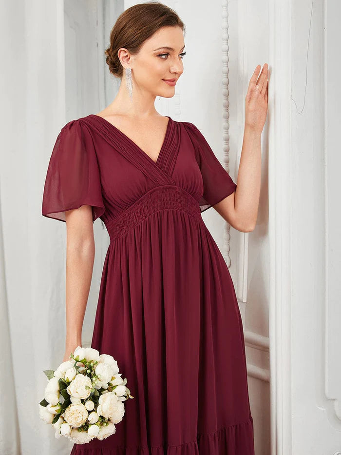 Aimishang Chiffon V-Neck Short Sleeve Vintage Prairie Tiered Maxi Maternity Bridesmaid Dress
