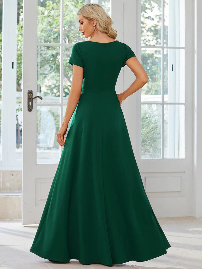 Aimishang Simple A-Line V-neck Short Sleeves Pleated Bridesmaid Dress Elegant Evening Party Dress