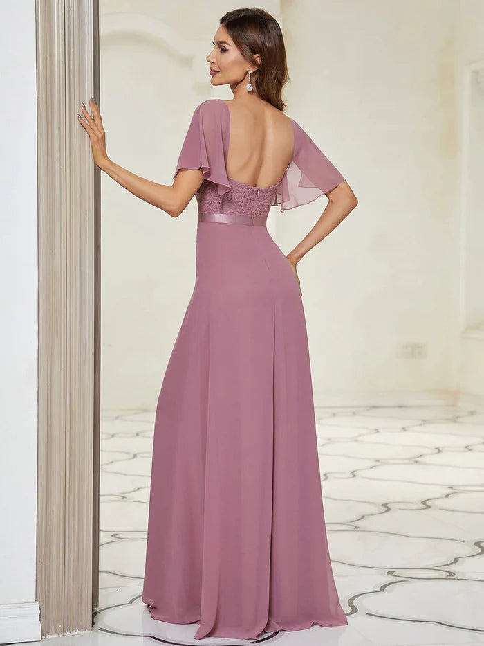 Aimishang Elegant Sweetheart Flutter Sleeve Lace Split Bridesmaid Dress