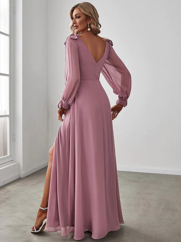 Aimishang Gentle Split Low Back Thigh Slit Long Sleeve Wedding Guest Dress