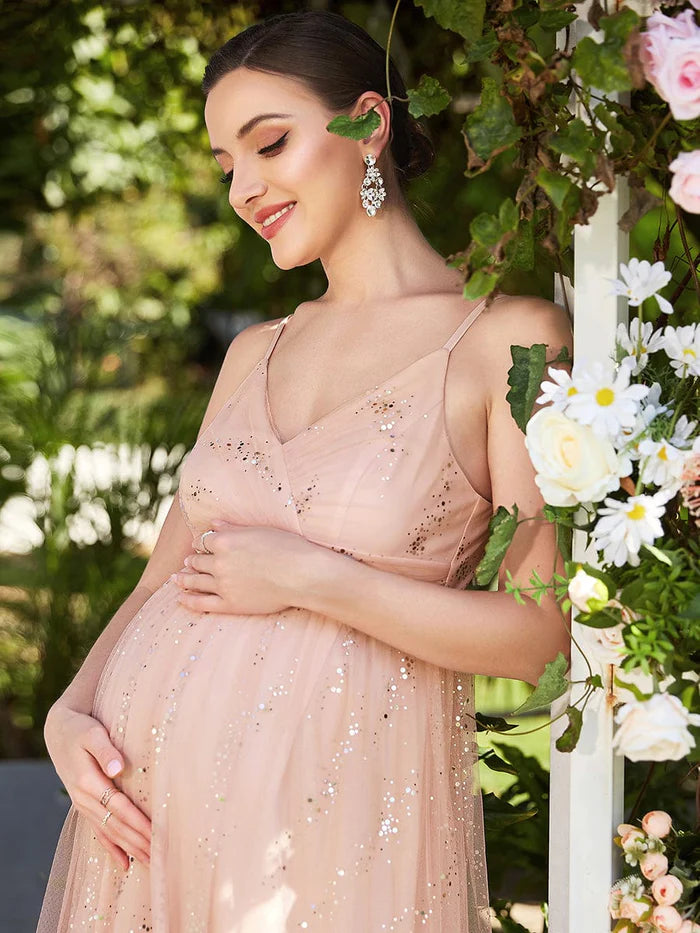Aimishang Spaghetti Strap Scattered Sequins V-neck Floor Length Maternity Dress