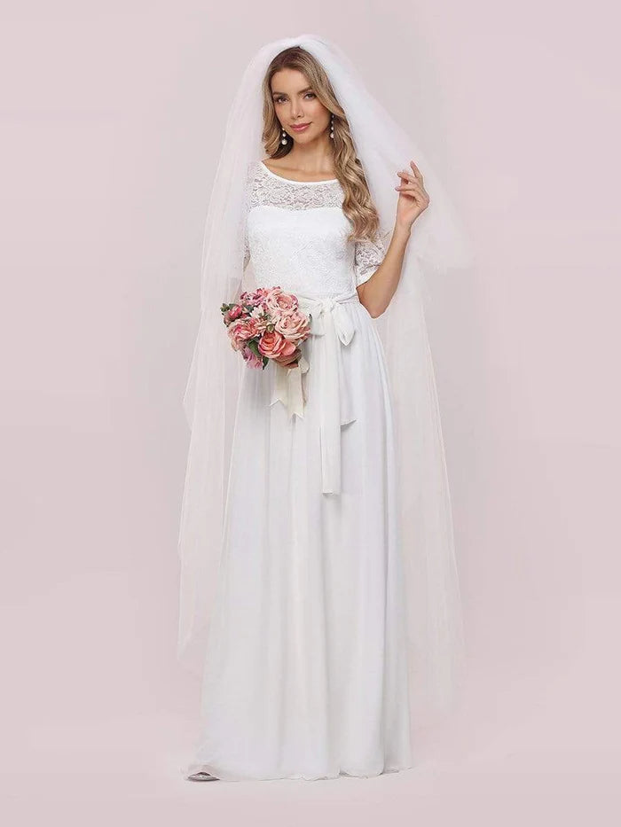 Aimishang Simple A Line Half Sleeves Chiffon Long Wedding Dress with Belt Elegant Bridal Gown No With Wedding Veil