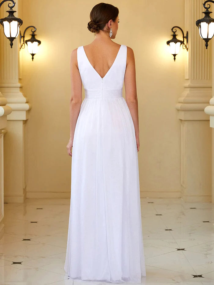 Aimishang Maxi Double V Neck Floor Length Sparkly Wedding Guest Dress