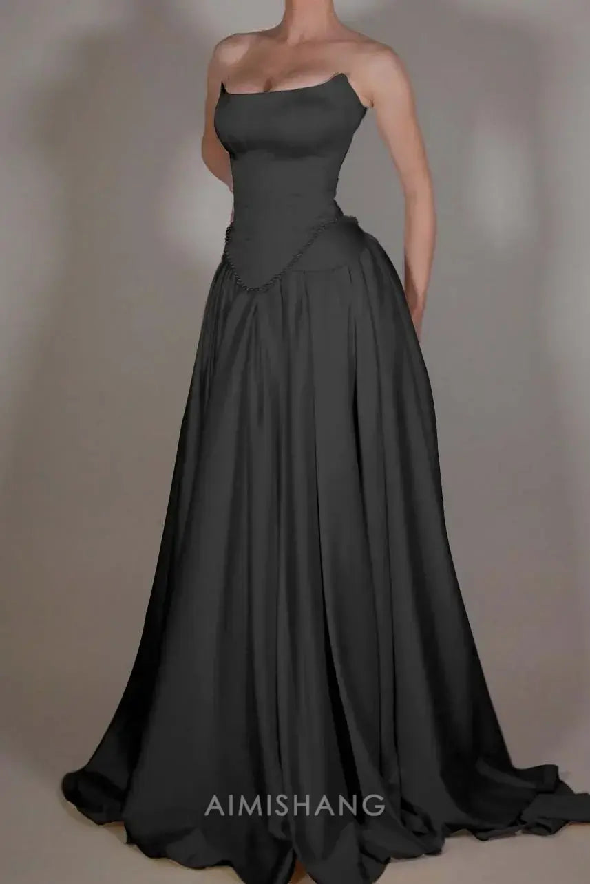 Aimishang Elegant A-Line Sleeveless Strapless Pleated Long Prom Dress with Beadings Chic Evening Party Dress Formal Gown