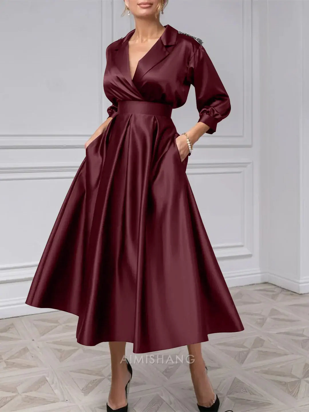 Aimishang Elegant A-Line V-Neck Mother Of The Bride Dresses Tea-length 3/4 Sleeves Formal Wedding Guest Dress Satin Evening Party Dress