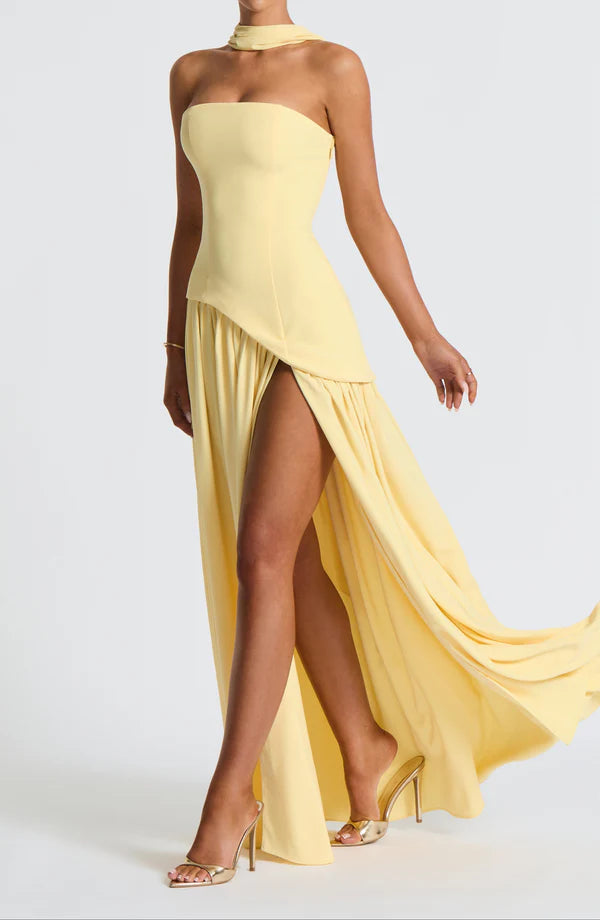 Aimishang Elegant A Line Strapless Long Prom Dress With Slit Simple Party Dress Charming Vacation Beach Dress