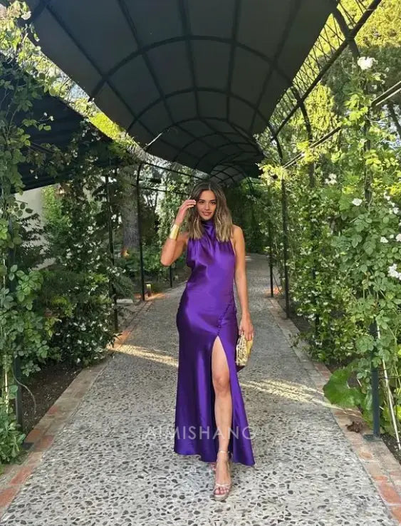 Aimishang Elegant Halter Backless Long Prom Dress Sleeveless Women Maxi Dress Simple Party Evening Gown With Slit