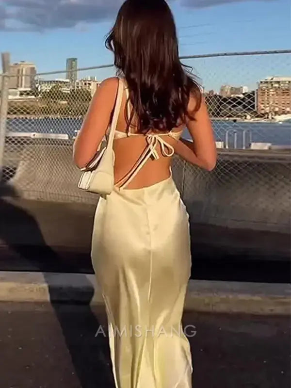 Aimishang Elegant Spaghetti Strap Sleeveless Yellow Satin Long Prom Dress Simple Evening Party Dress