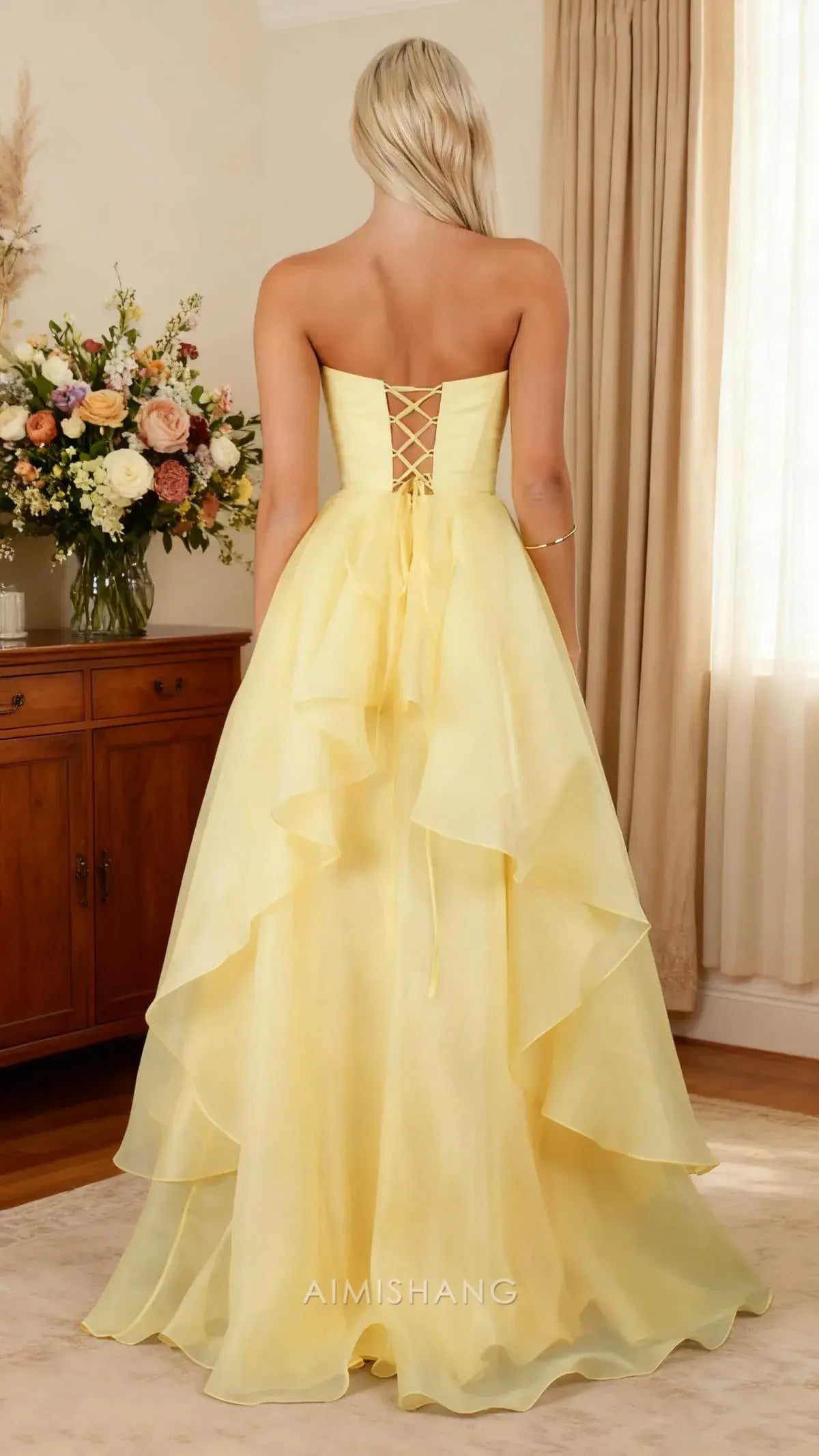 Aimishang Elegant A-Line Strapless Sleeveless Tiered Prom Dress With Slit Charming Evening Party Dress