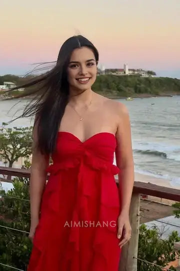 Aimishang Elegant A-Line Sweetheart Strapless Ruffle Long Prom Dress Lovely Party Dress Charming Evening Gown