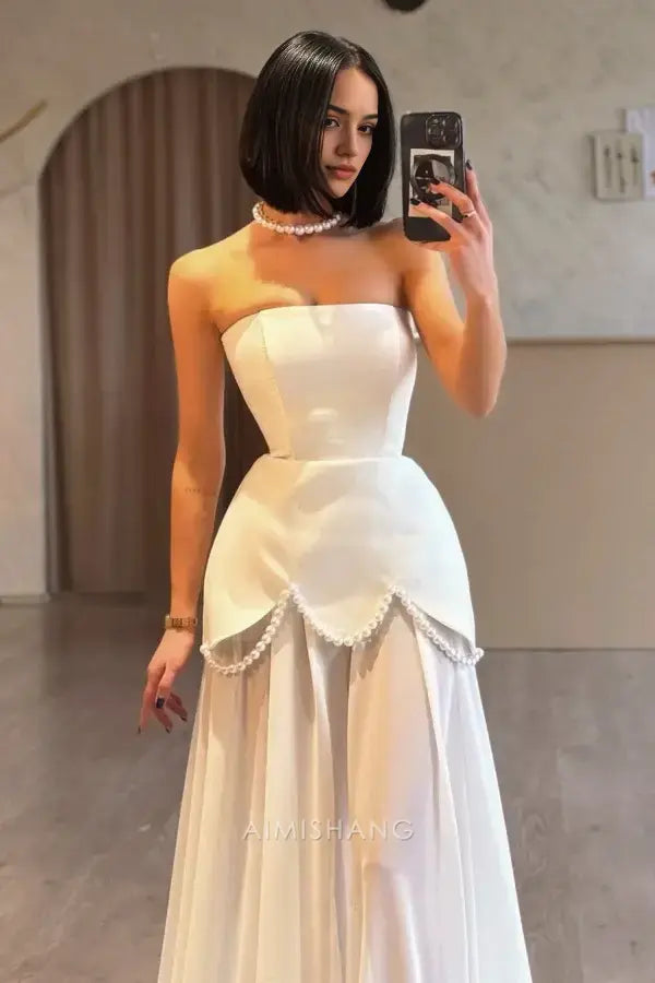 Aimishang Elegant A Line Strapless Sleeveless Long Formal Prom Dress Chic Party Evening Gowns Charming Wedding Dress