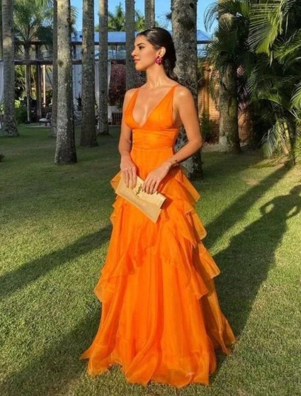 Aimishang Elegant A Line V Neck Sleeveless Evening Gowns Ruffles Orange Long Prom Dress Charming Wedding Guest Party Dresses