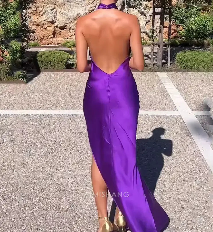 Aimishang Elegant Halter Backless Long Prom Dress Women Maxi Dress Sleeveless Simple Party Evening Gown With Slit