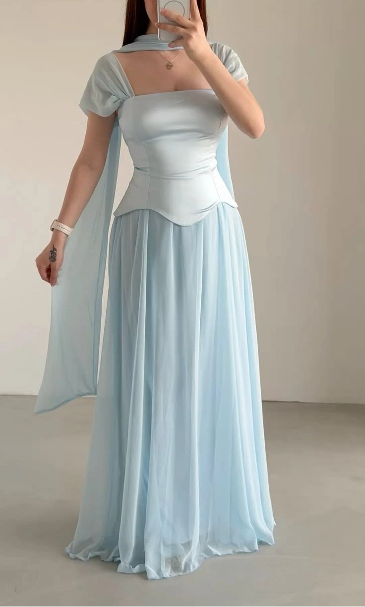 Aimishang Elegant Light Blue A-Line Square Neck Short Sleeve Floor-Length Evening Dress Women's Party Gown