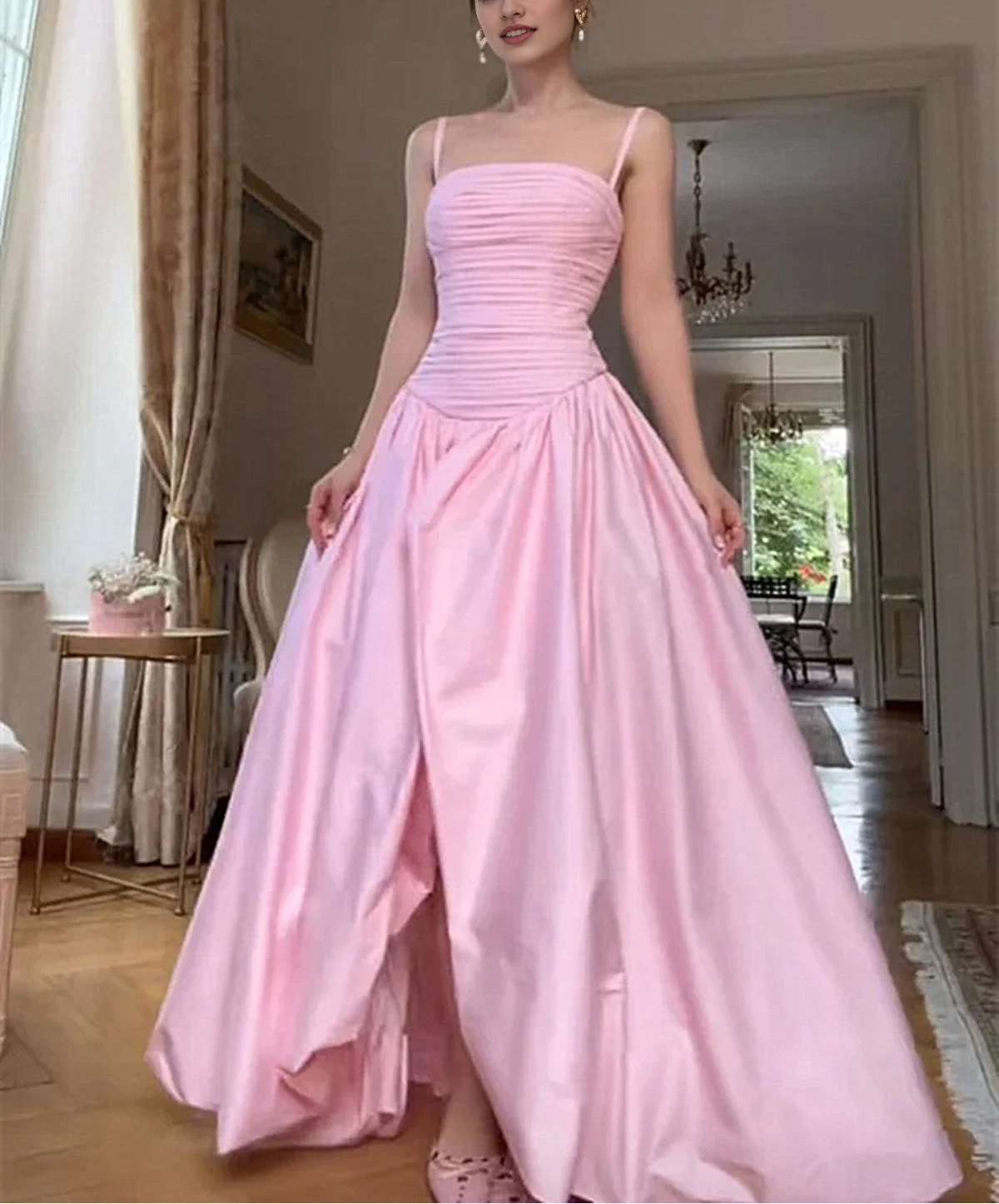 Elegant Pink Ruched Bodice A-Line Spaghetti Straps Long Prom Dress with Slit